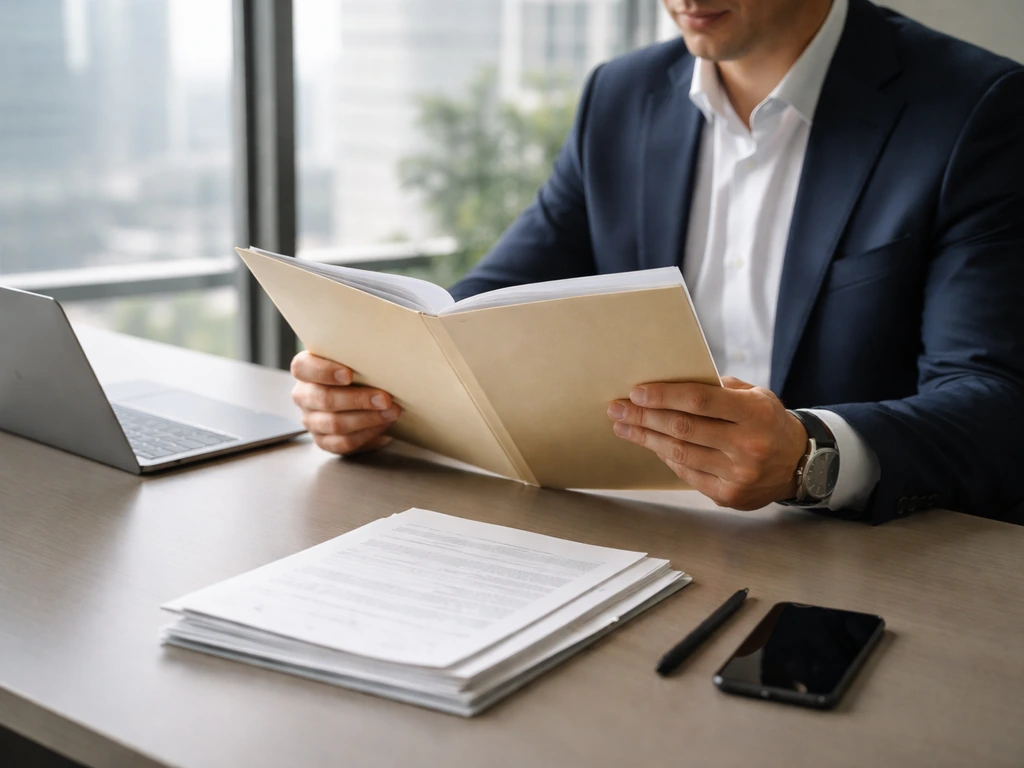An anonymous executive in a modern office reviews compensation documents near a laptop and binder