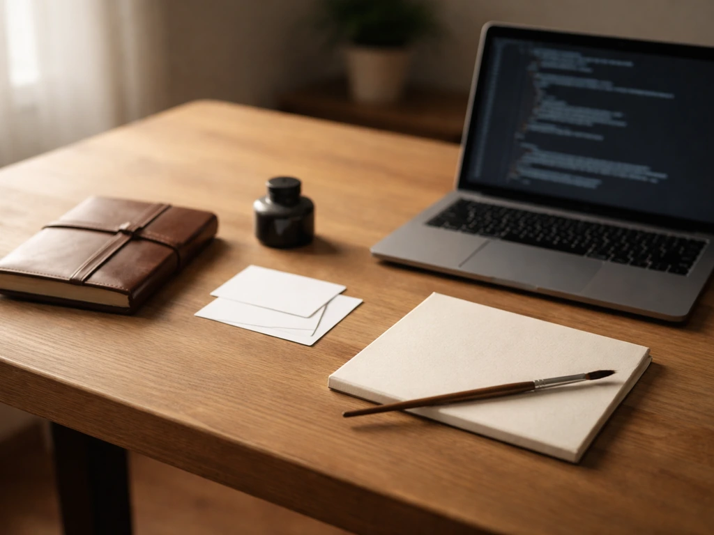 Minimal desk with blank canvas, journal, ink bottle, and laptop showing abstract code-like screen.