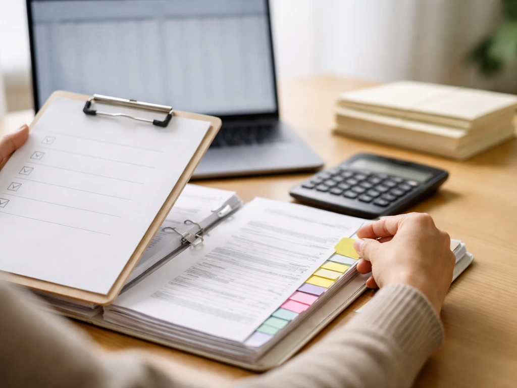 Hands on a checklist-style clipboard with calculator and documents on a tidy desk, suggesting net-worth research.