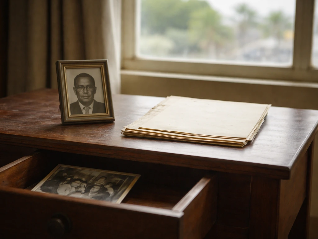 Minimal desk scene with blurred Port-au-Prince view, framed photo, and blank documents suggesting Haitian heritage.
