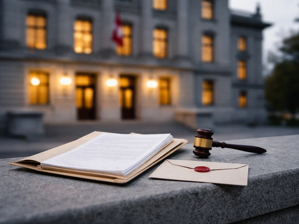 Swiss courthouse exterior at dusk with a sealed legal folder and impartial gavel on a stone ledge.