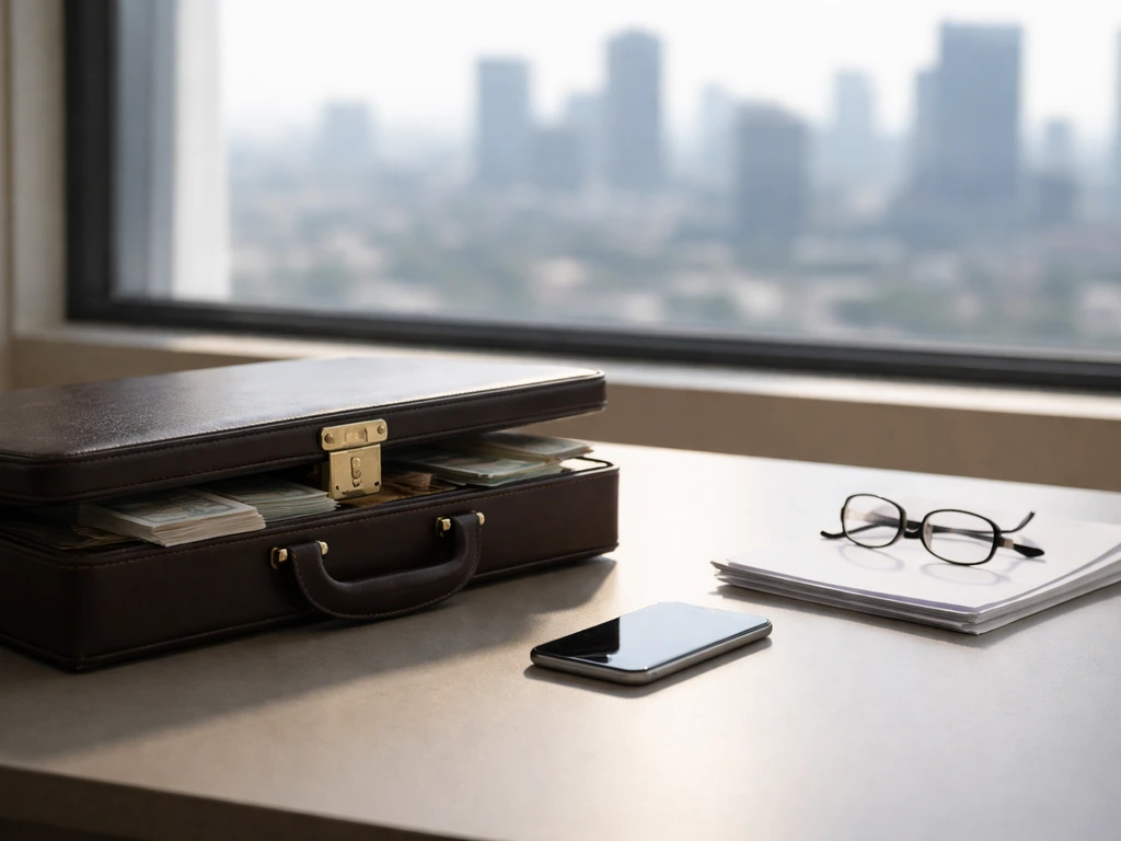 Minimal office desk with briefcase, phone, blank papers, and a city skyline outside the window.
