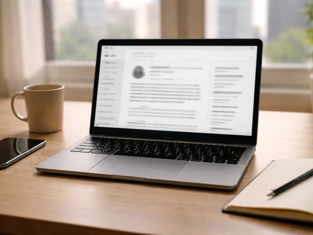 Laptop on a desk showing blurred business-profile webpage, symbolizing verifying the right person.