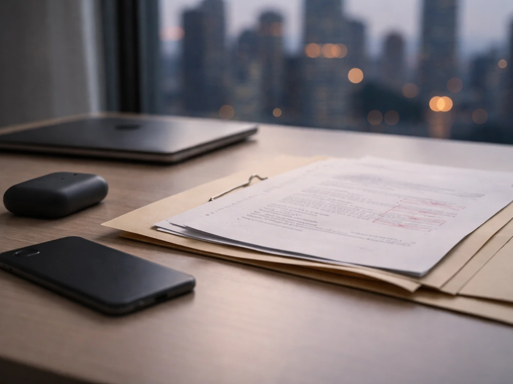 Minimal desk scene with printed emails and a blurred tech skyline, suggesting acquisition-trail evidence