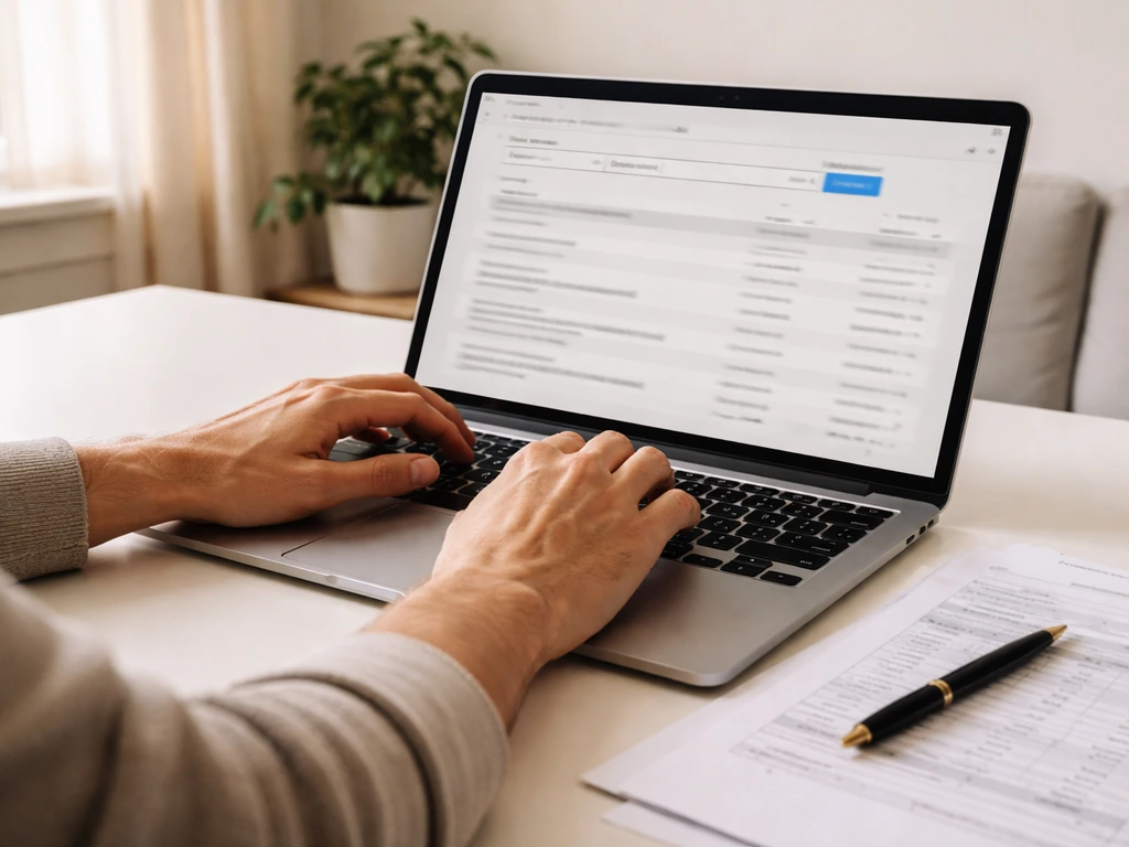 Lone person reviewing company records on a laptop at a home desk with documents and a pen