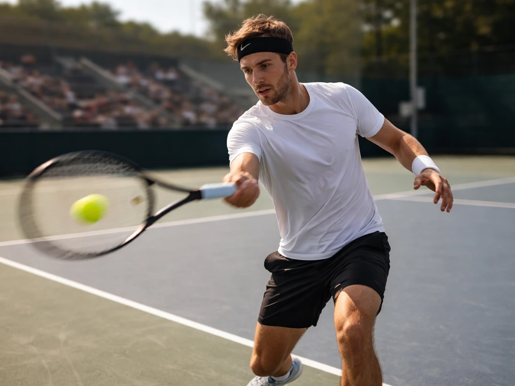 Anonymous male tennis player mid-swing on an outdoor court during a match, stadium blurred behind.
