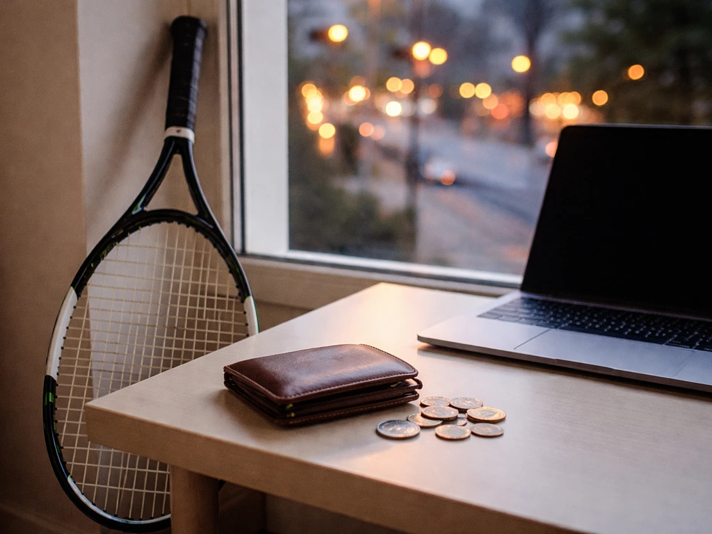 Tennis-themed finance scene: a racket and a wallet beside a laptop with soft bokeh city lights