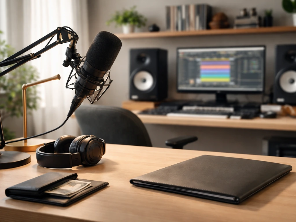 Minimal studio desk scene symbolizing music entrepreneurship and financial success in Atlanta.