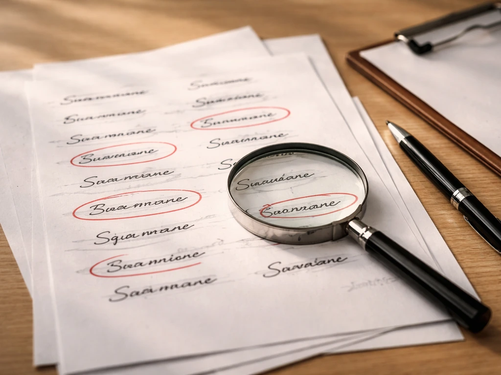 Close-up of a research desk showing printed name variants on paper and a magnifying glass