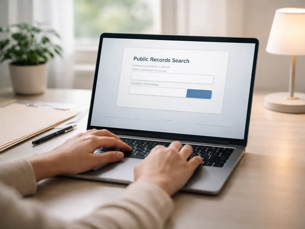 Person at a laptop reviewing public records in a simple office setup
