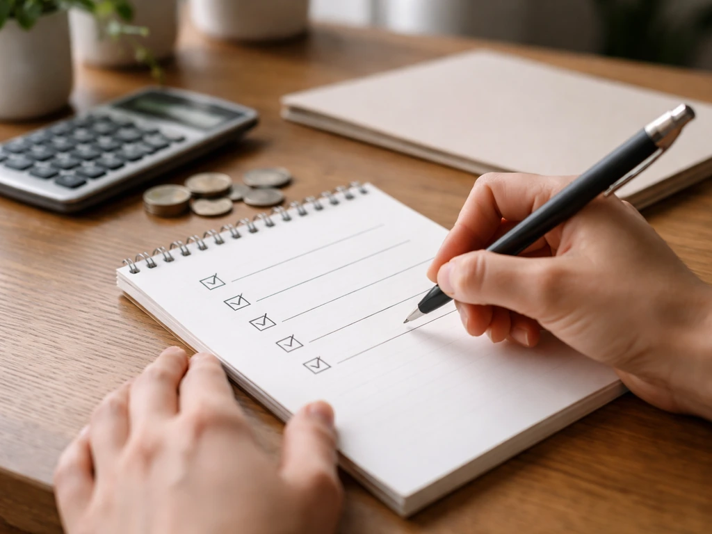 Hands writing a simple checklist on paper with a calculator and coins nearby, symbolizing fact vs rumor.