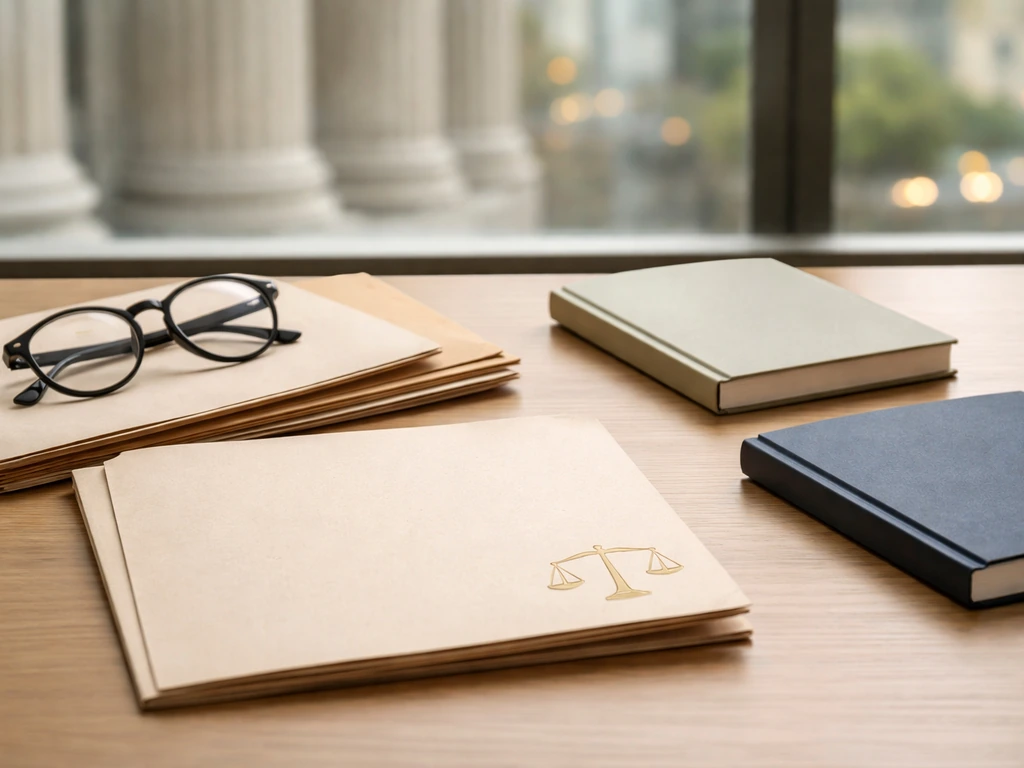 Minimal desk scene with courthouse icon and blank records, symbolizing identity verification and avoiding name mix-ups.