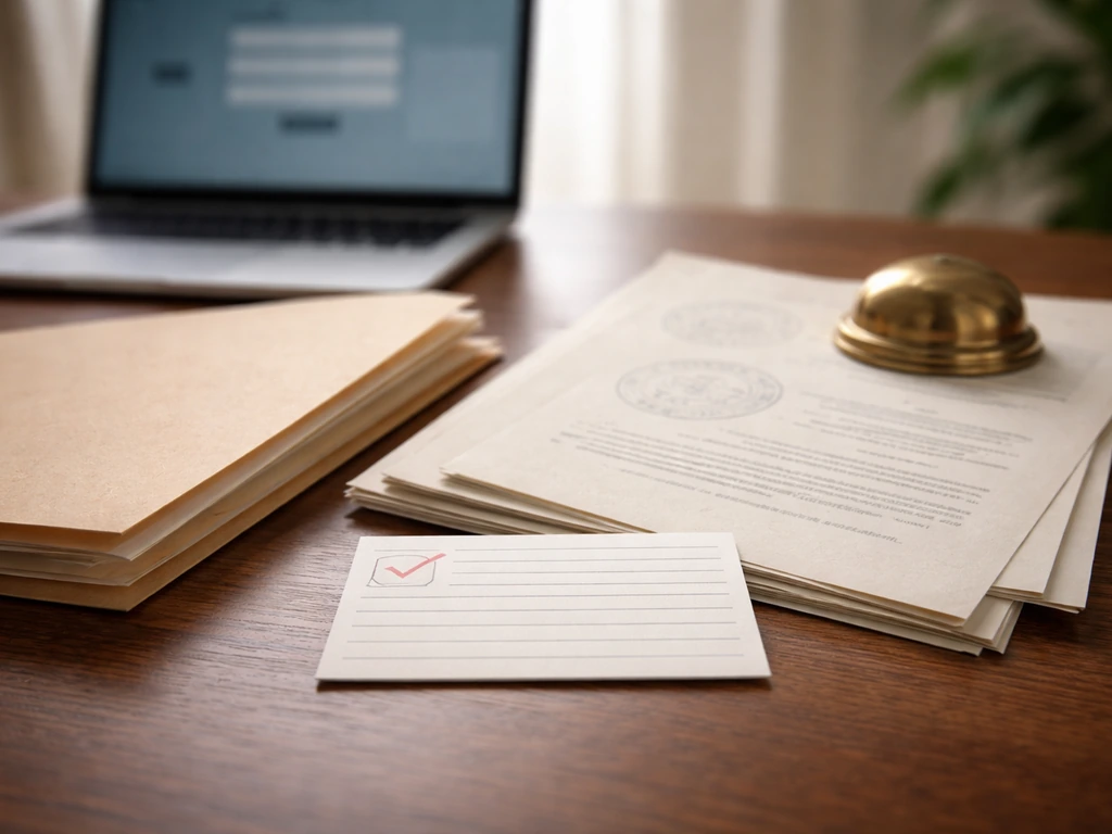 Manila court records folder on a desk with an index card and a blurred login-style laptop screen.
