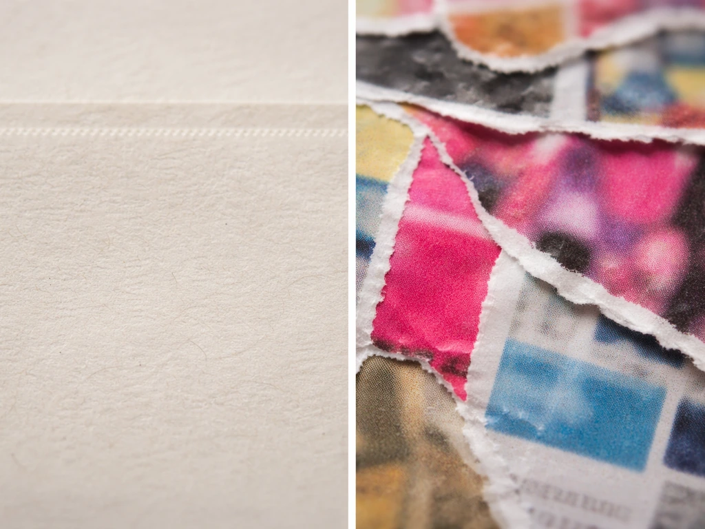 Close-up of split photo textures: blurred court document paper on one side, messy tabloid-style collage on the other.