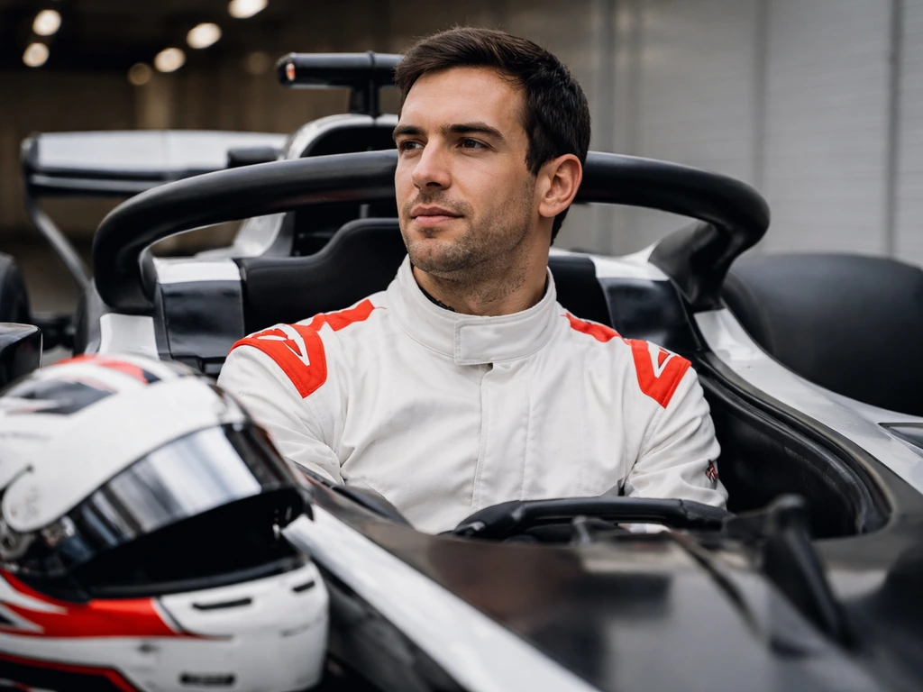 Nicholas Latifi-style Canadian Formula 1 driver in racing suit at a quiet pit lane with a car behind