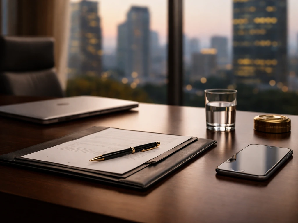 Luxury office desk with investment items and blurred city skyline, symbolizing billionaire wealth analysis.