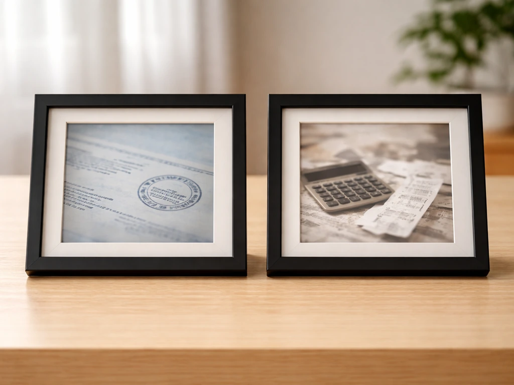 Minimal desk scene with two side-by-side document frames suggesting verified records vs estimated guesses.