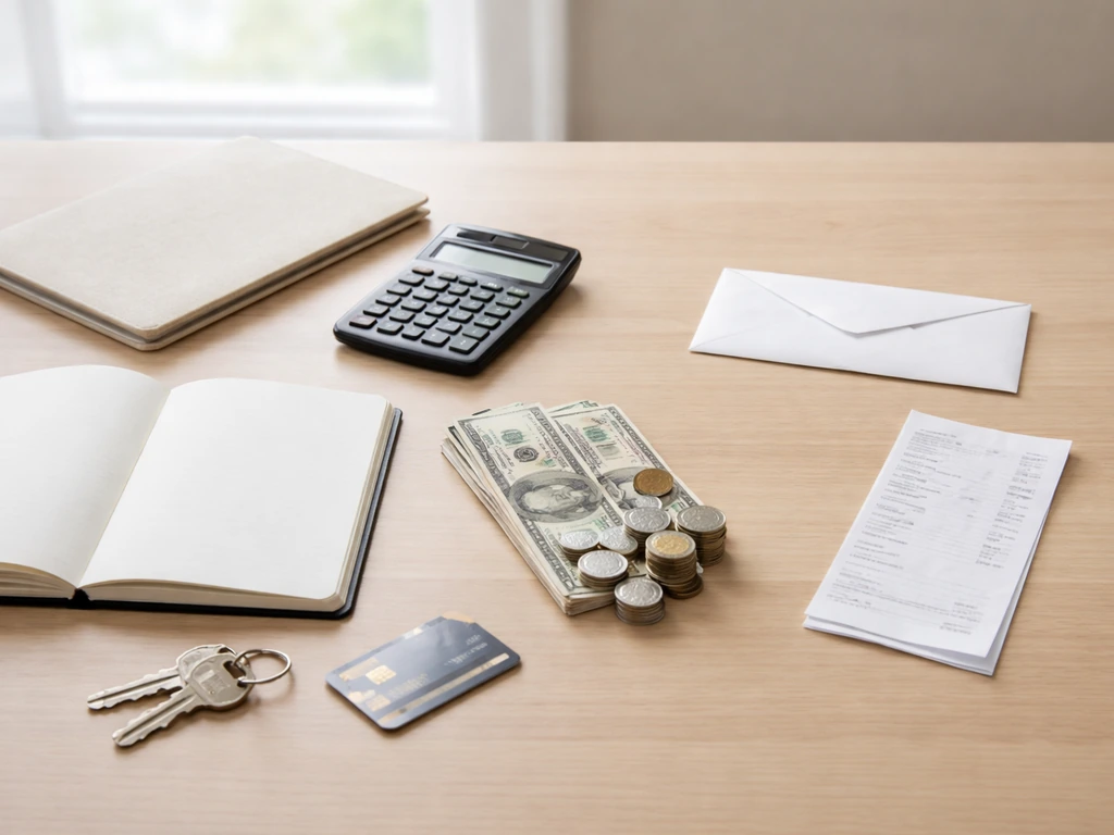 Minimal office desk with objects suggesting assets and liabilities for net worth concept.