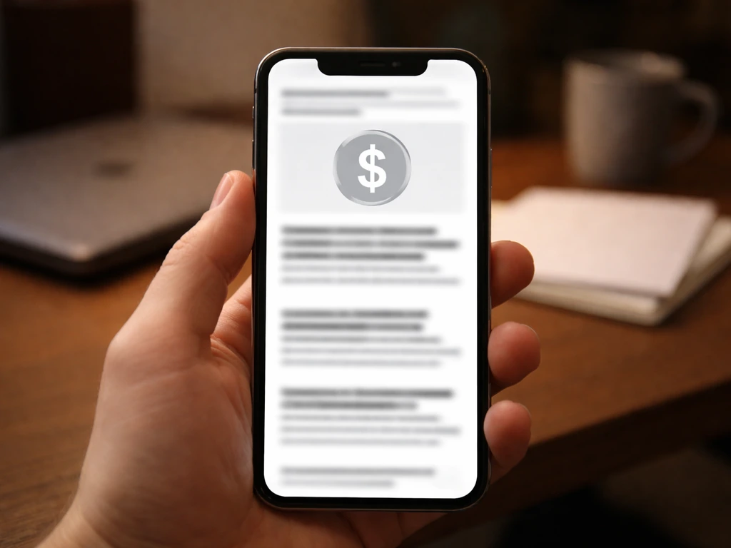 Hand holding a smartphone showing a blurred money-themed webpage with no readable citations.