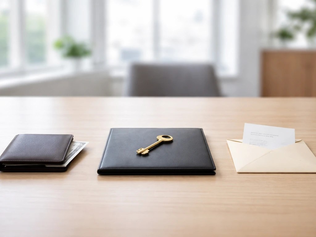 Minimal finance desk with wallet, portfolio folder, and envelope symbolizing income, assets, and liabilities.