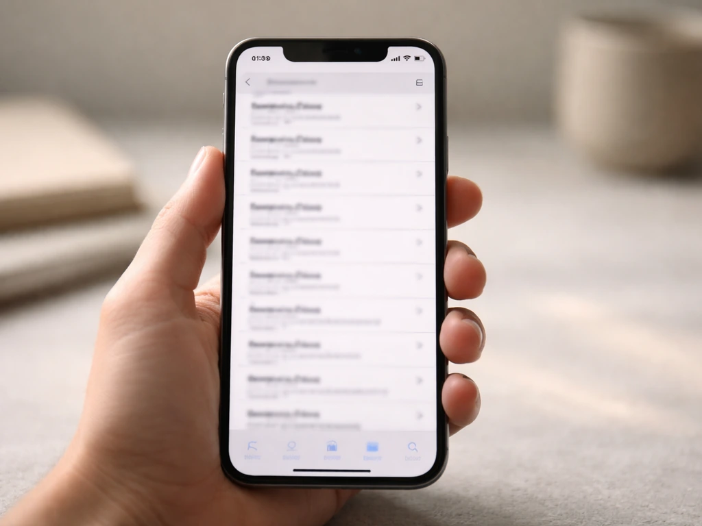 Phone showing a blurred search-results style list with multiple similar “Nicolas Puech” entries