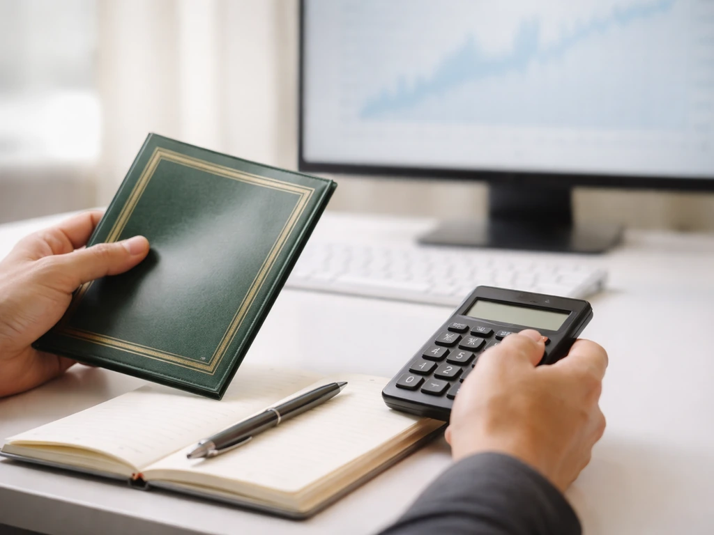 Hands holding a calculator beside glossy stock certificates and a notebook on a tidy desk