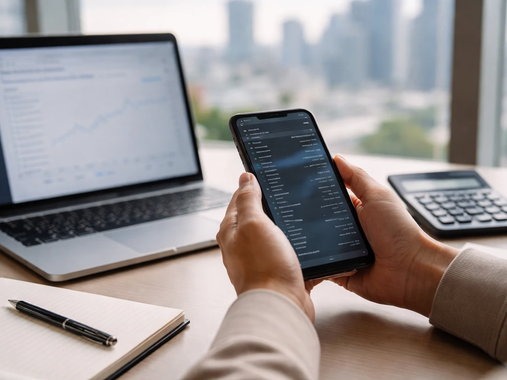 Hands on phone and laptop with calculator on a simple desk, symbolizing verifying a stock price.
