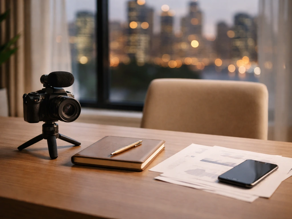 Minimal office desk scene with a camera, soft lighting, and a blurred city view suggesting media wealth analysis.