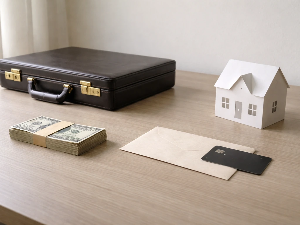 Minimal desk scene with briefcase, cash, house model, and blank envelope/credit card to symbolize assets vs liabilities.