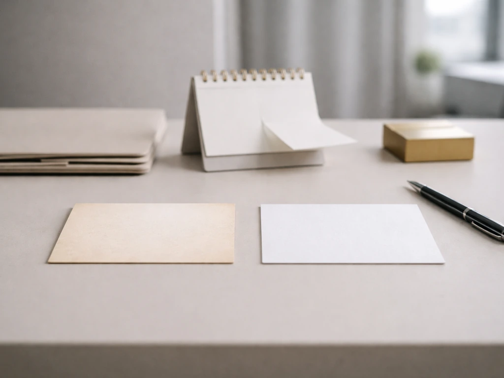 Minimal desk scene showing two side-by-side blank cards and a turned calendar page implying an update trigger.