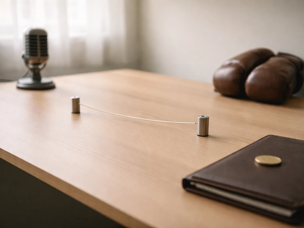 Minimal desk scene with a slider-like range band and small objects suggesting media, boxing, and investments.