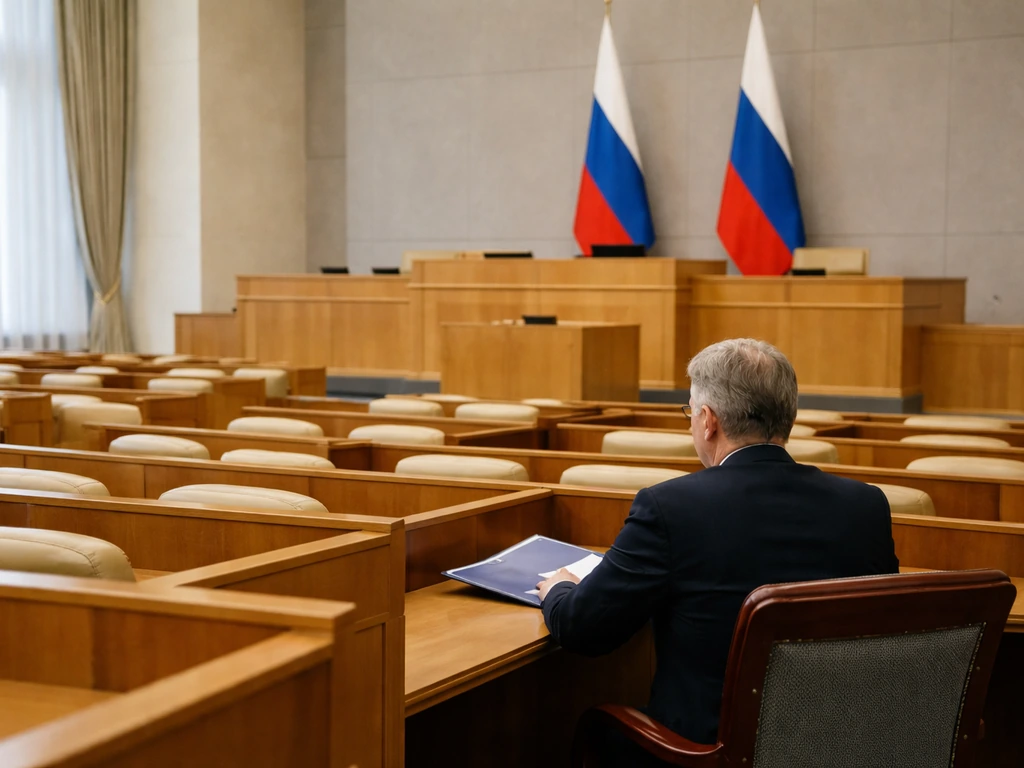 Anonymous man in a dark suit seated in a State Duma-like hall with Russian flags in the background.