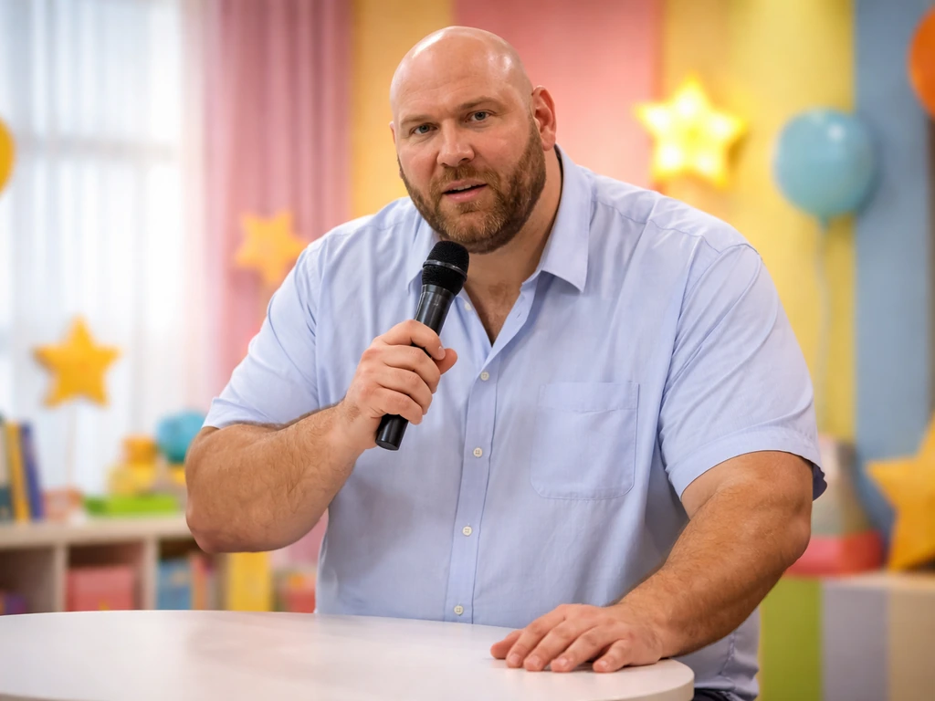 Nikolai Valuev–like bulky host presenting in a children’s TV studio with colorful sets and a microphone