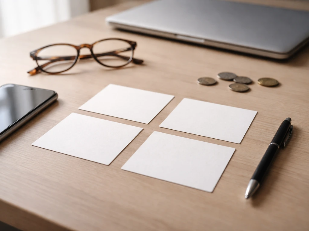 Minimal desk checklist scene with blank cards, smartphone, glasses, and coins for verifying net-worth estimates