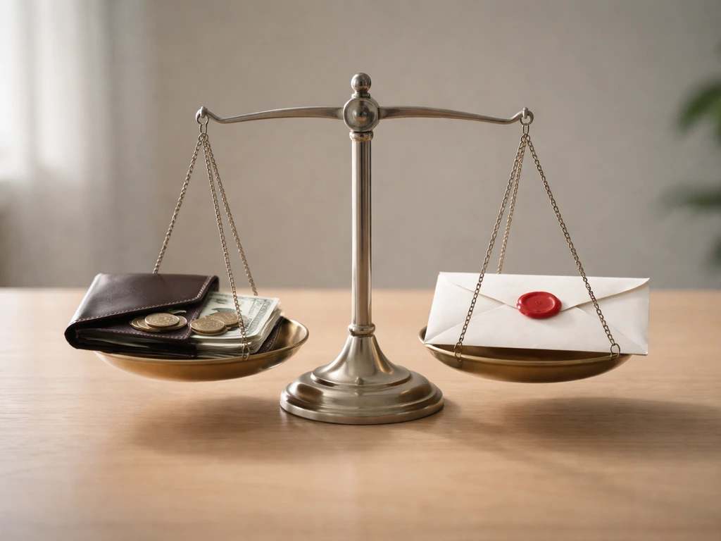 Desk photo with a balance scale between coins/cash and a sealed envelope, symbolizing assets minus liabilities.