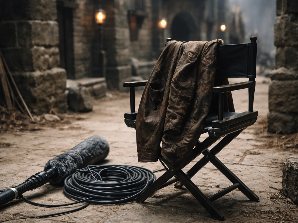 A minimal fantasy TV set scene with boom microphone and chair, symbolizing acting earnings and production work