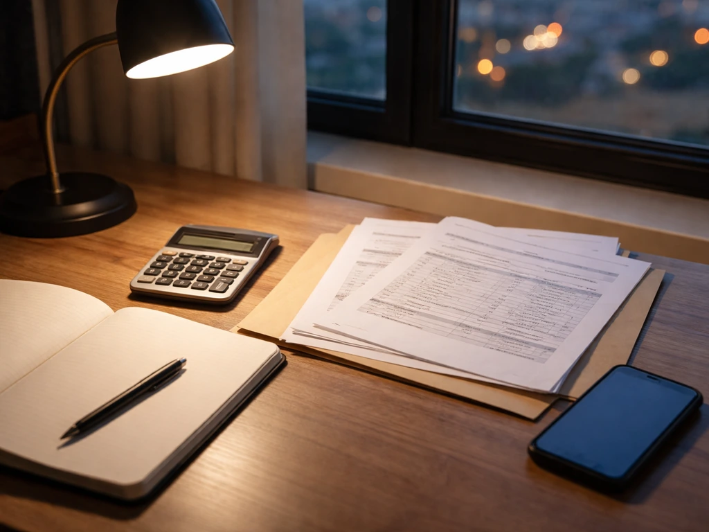 Minimal desk scene with calculator, notebook, printed documents, and phone—symbolizing verifying a money estimate.