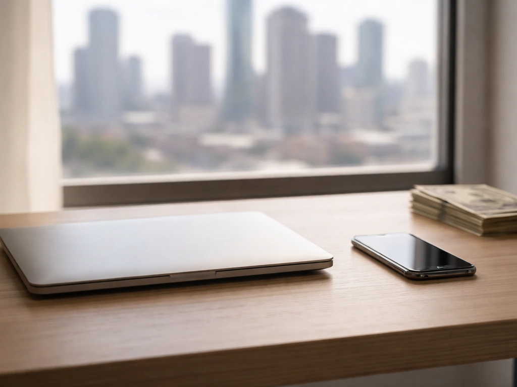 Minimal photo of a tidy desk with a laptop and smartphone showing a money-focused financial mood