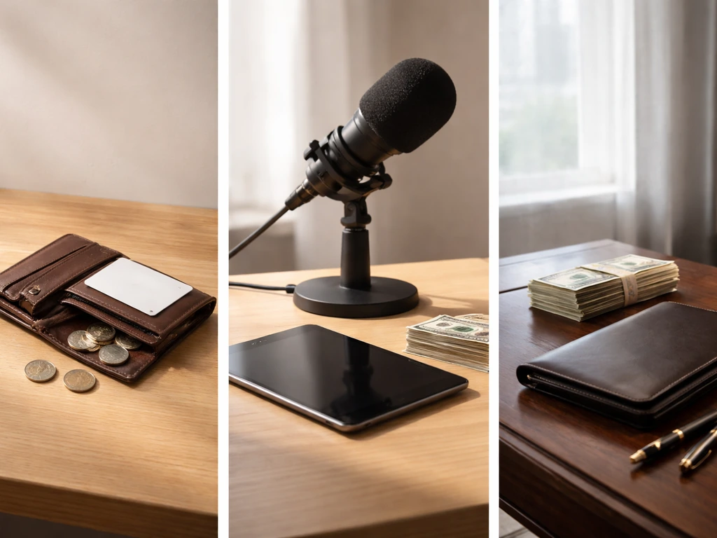 Three-panel triptych: modest wallet coins, podcast desk with mic, and luxury office with portfolio and cash.