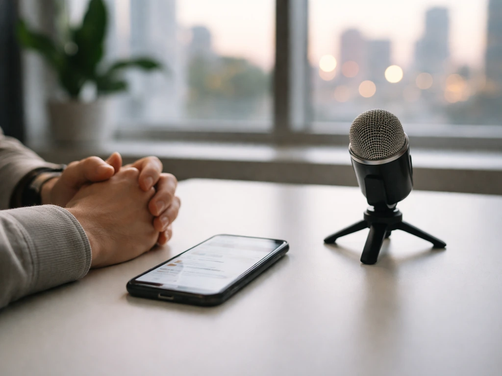 Anonymous office desk with a smartphone and camera-ready microphone, suggesting media startup valuation analysis