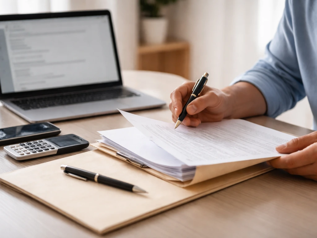 Person reviewing business documents on a desk with a laptop and calculator, symbolizing net worth verification.
