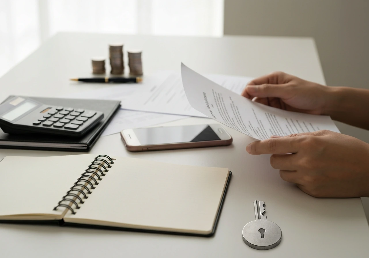 Person reviewing financial documents with a calculator and smartphone, symbolic of net worth verification