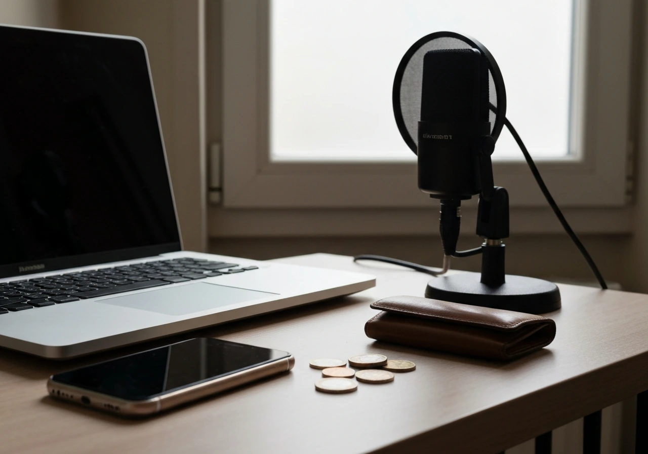 Minimal media workspace desk with microphone, wallet, and coins by a window, no people or text.