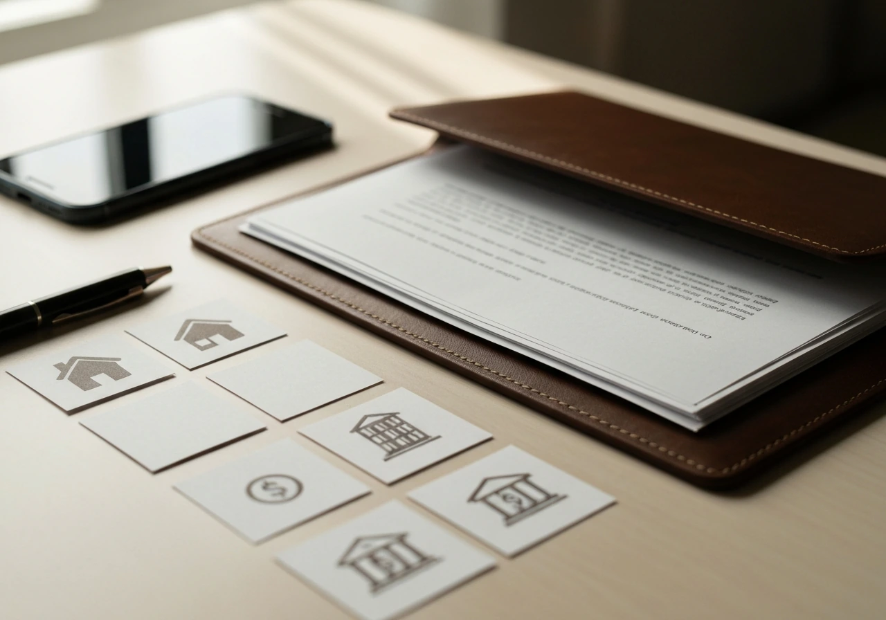 Unbranded folder and blank papers on a desk with simple icons for property, business, and investments.