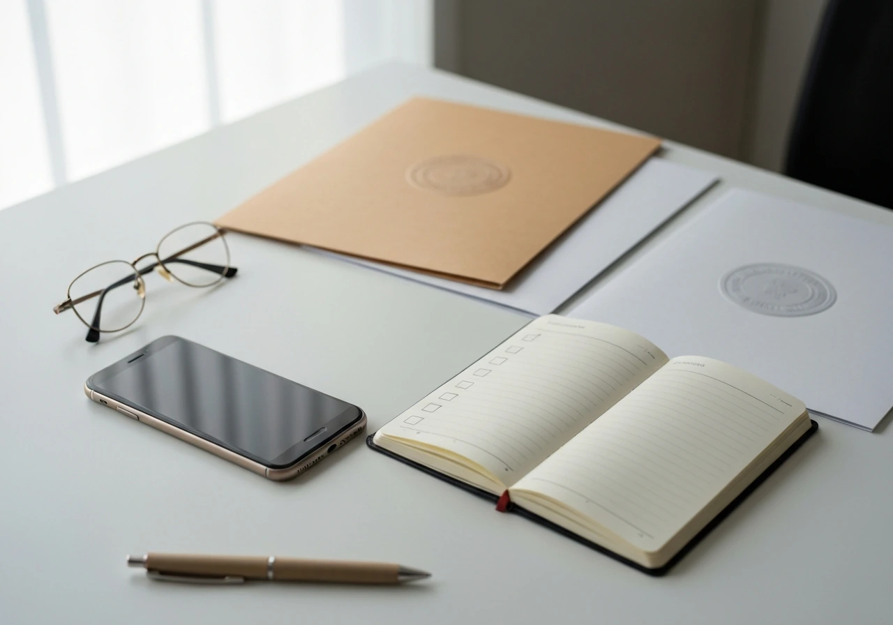 Minimal desk scene with a notebook, smartphone, and documents suggesting a step-by-step verification checklist.