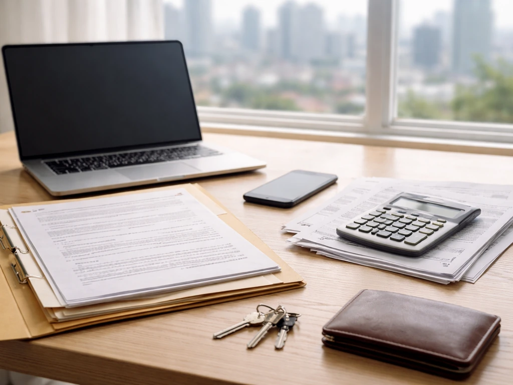 Desk with documents, calculator, laptop, and bank statements suggesting researching someone’s finances