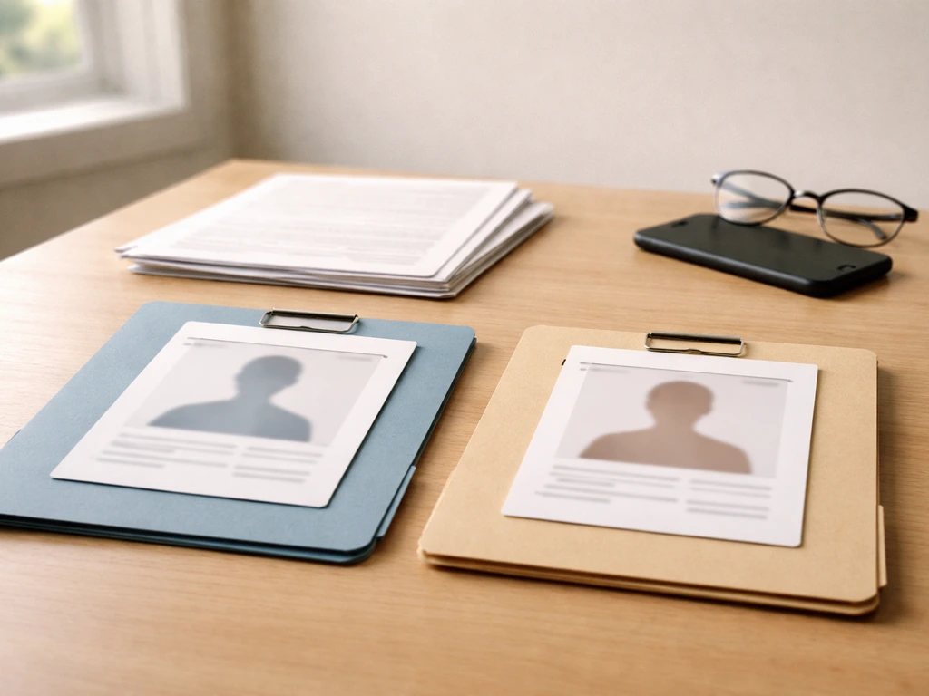 Minimal desk scene with two blurred profile-card thumbnails in folders, suggesting separating same-name identities.