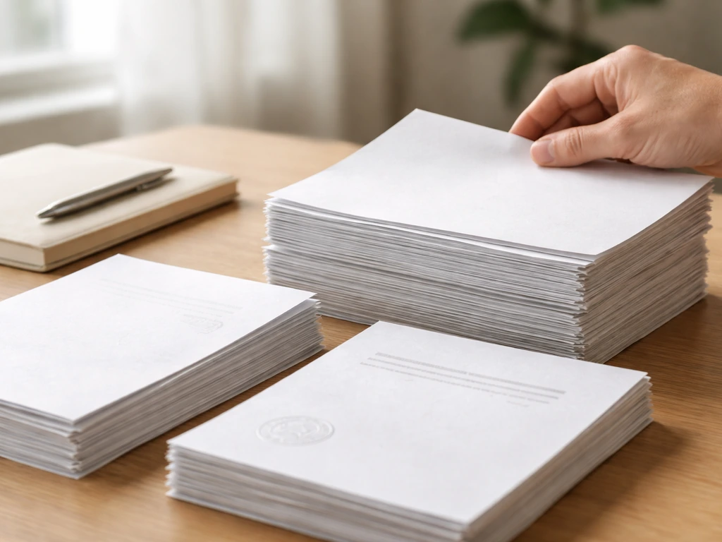 Hand placing paper records into a neat stack on a desk, symbolizing layered wealth-signal research.
