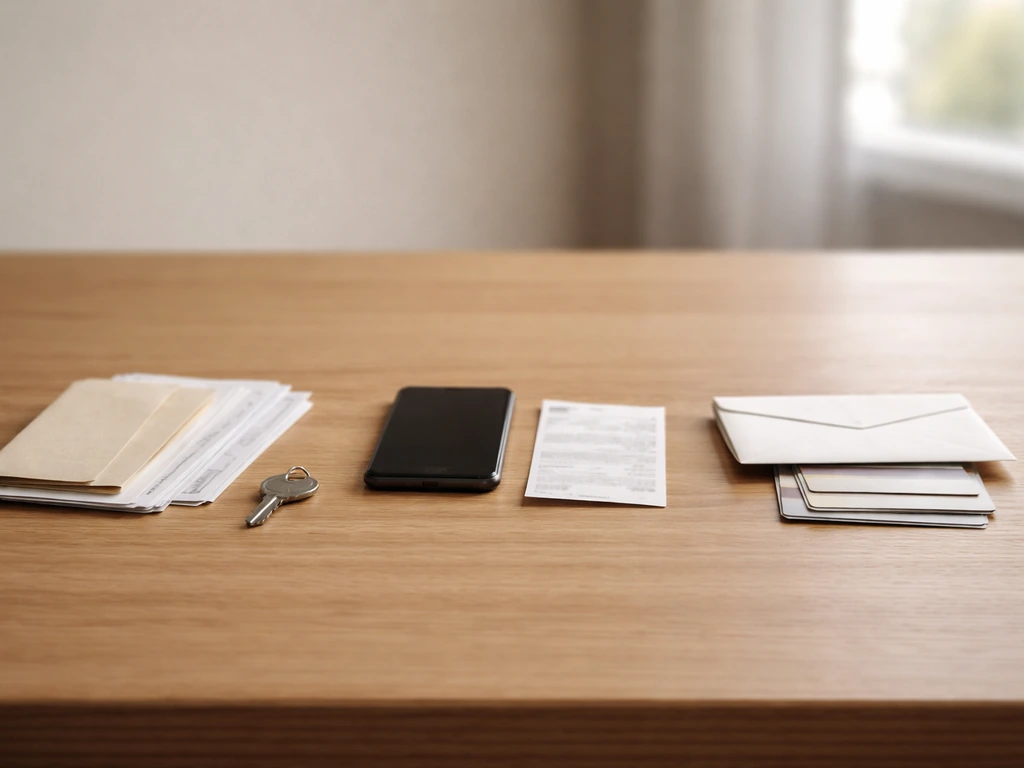 Minimal office desk with three simple card piles representing assets, income, and liabilities