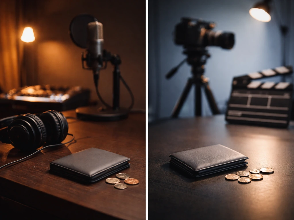 Split studio-and-film workspace with headphones and camera, with coins near the center implying net-worth comparison.